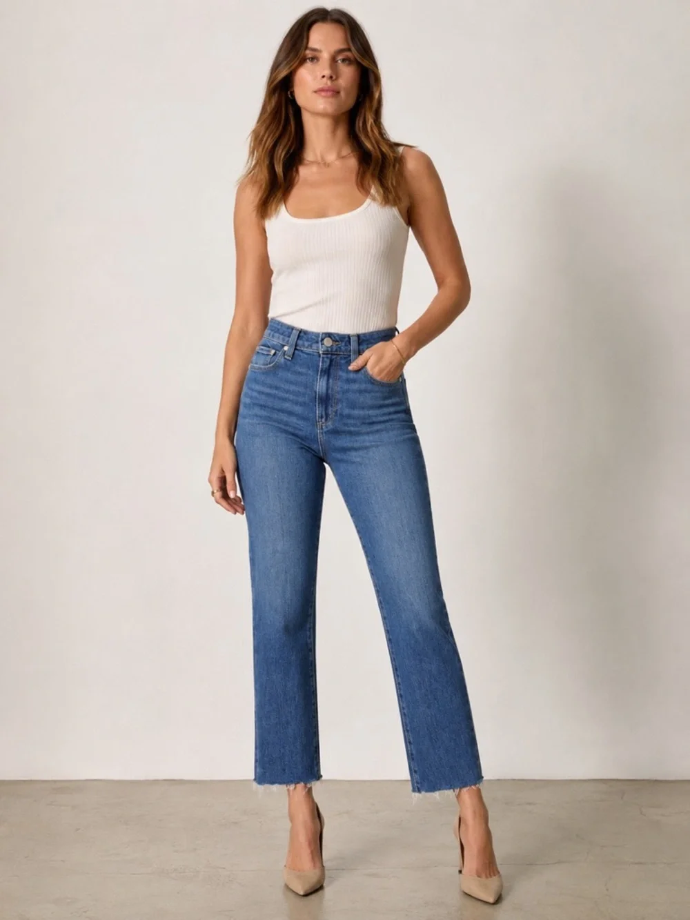 PAIGE Hoxton Slim Crop Jeans 25 High Rise Raw Hem Medium Wash - Picture 1 of 15